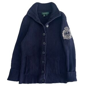 VTG Lauren Ralph Lauren Women XS Navy Blue Cardigan Anchor Logo Embroidery Y2K